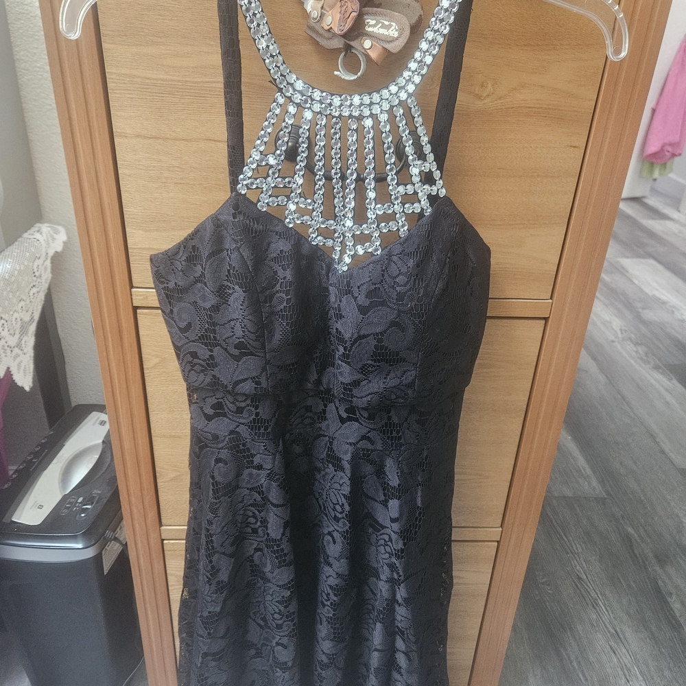 EUC Celavie Sz. L, Chic Black Lace Dress with Crystal Neckline, Low Cut Back.